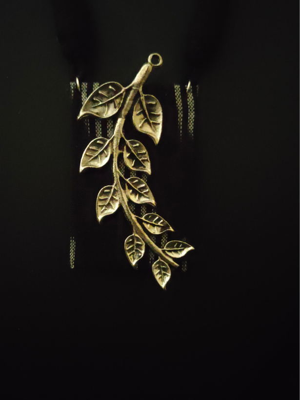 Black Ikat Printed Fabric Necklace Set with Metal Leaves Detailing