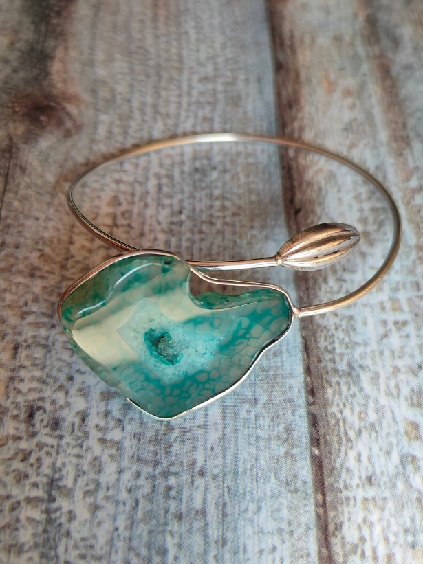 Sea Green Natural Stone Silver Adjustable Bracelet