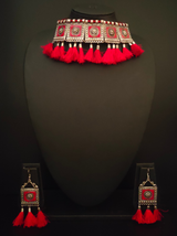 Oxidised Silver Choker Necklace Set with Red Thread Work