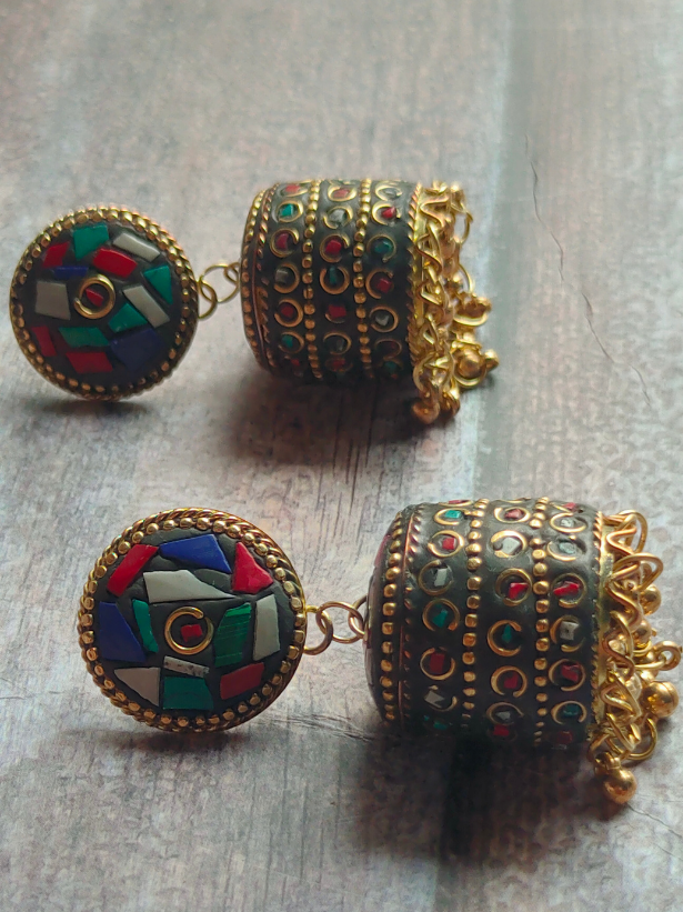 Gold & Coral Tibetan Costume Earrings - Little Moon Tibetan Gift Shop