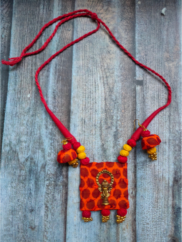 Fabric Necklace Set with Antique Gold Finish Ganesha Motif