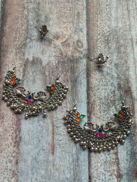 Peacock Detailing Chandbali with Multi-Color Rhinestones