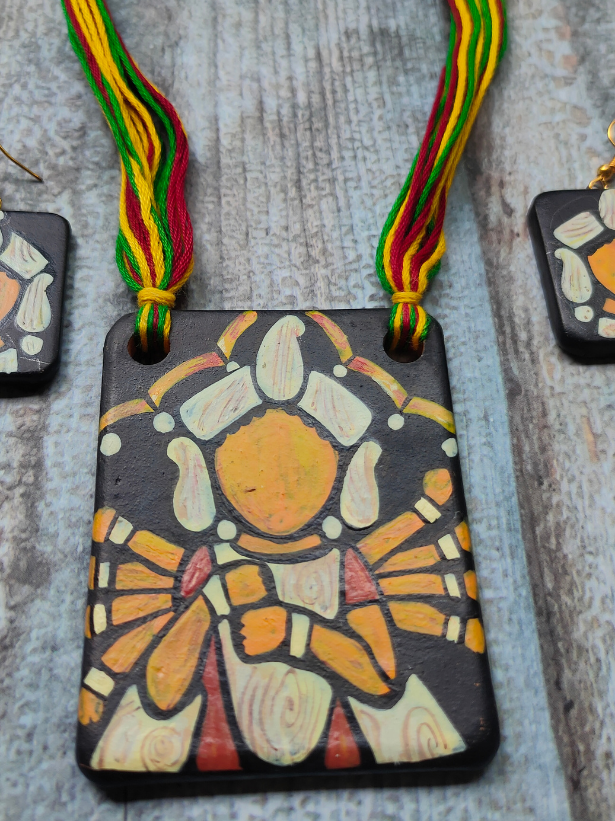 Hand Painted Clay Necklace Set with Religious Motif and Multi-Color Thread Closure