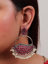 Pink Rhinestones Embedded Circular Dangler Earring with White Beads Detailing