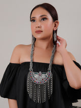 Elaborate Enamel Painted Oxidised Finish Afghani Necklace Set Accentuated with Ghungroo Beads