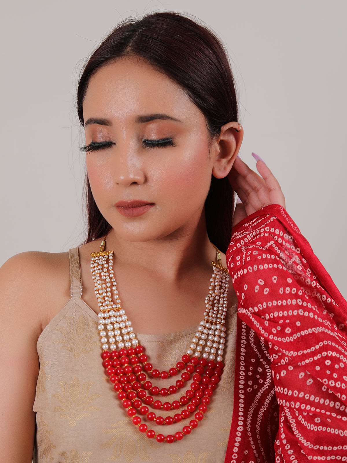 Red and White Glass Beads Braided with Gold Metal Beads 5 Layer Gold Finish Necklace