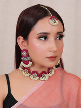 Vibrant Fabric Set of 3 Accentuated with Kundan and White Beads - Set of Necklace, Earrings and Mangtika