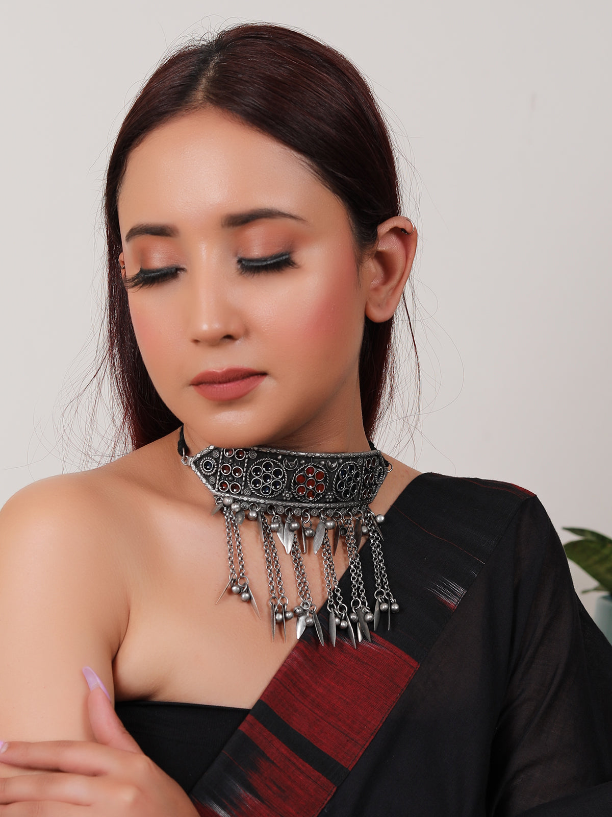 Oxidised Enamel Finish Embedded Statement Metal Choker Necklace