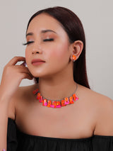 Pink and Orange Resin Necklace Set with Stud Earrings