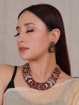 Handcrafted Multi-Color Tribal Motifs Terracotta Clay Adjustable Length Choker Necklace Set