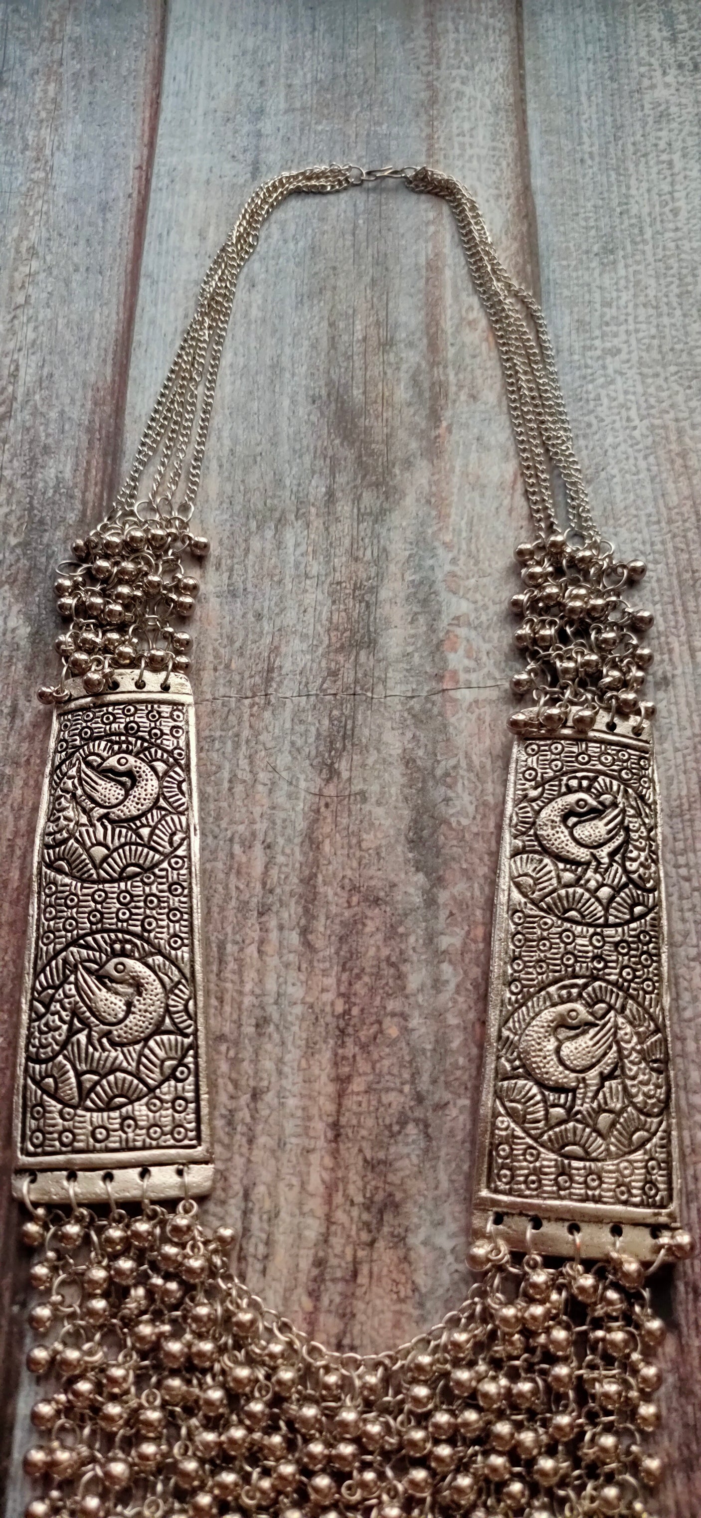 Metal Beads Necklace with Intricate Peacock Detailing