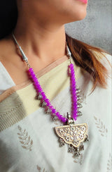 Purple Glass Beads and Metal Pendant Necklace Set with Thread Closure