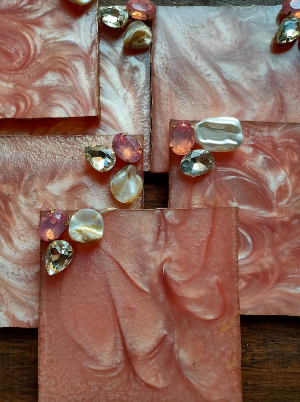 Peach Square Coasters with Gold Detailing and Stones (Set of 6)