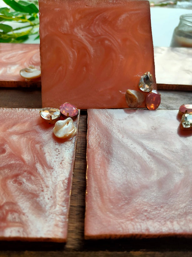 Peach Square Coasters with Gold Detailing and Stones (Set of 6)