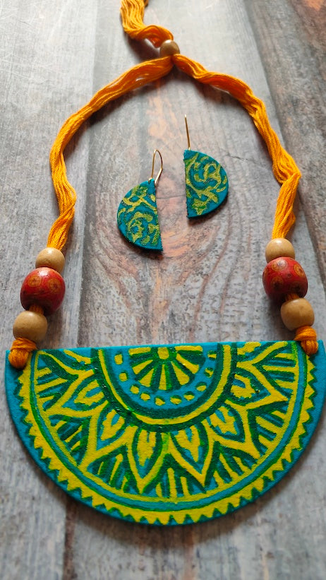 Hand Painted Fabric Necklace Set with Wooden Beads