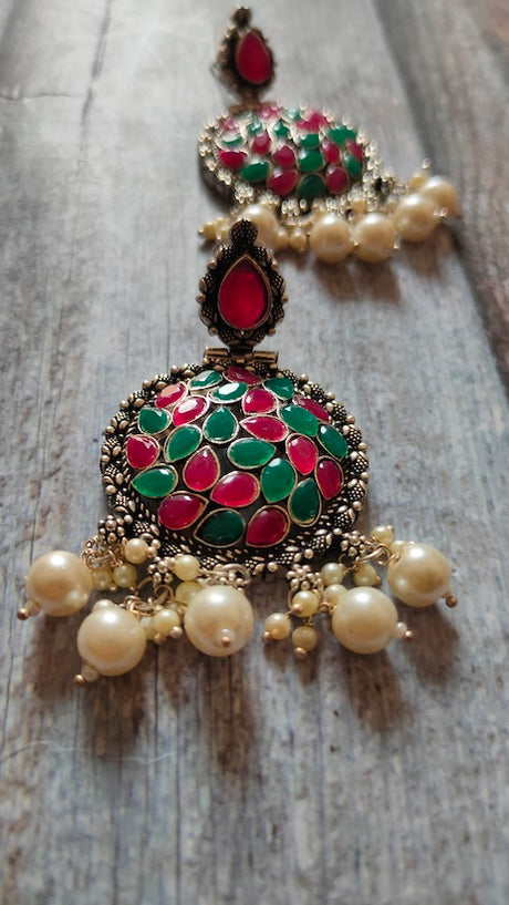 Red & Green Rhinestones Embedded Metal Earrings