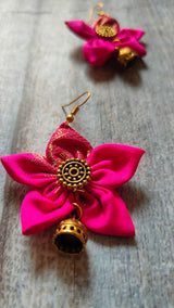 Fuchsia Flower Shaped Fabric Earrings with Antique Gold Finish Jhumkas