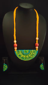 Hand Painted Fabric Necklace Set with Wooden Beads