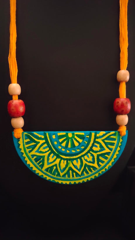 Hand Painted Fabric Necklace Set with Wooden Beads