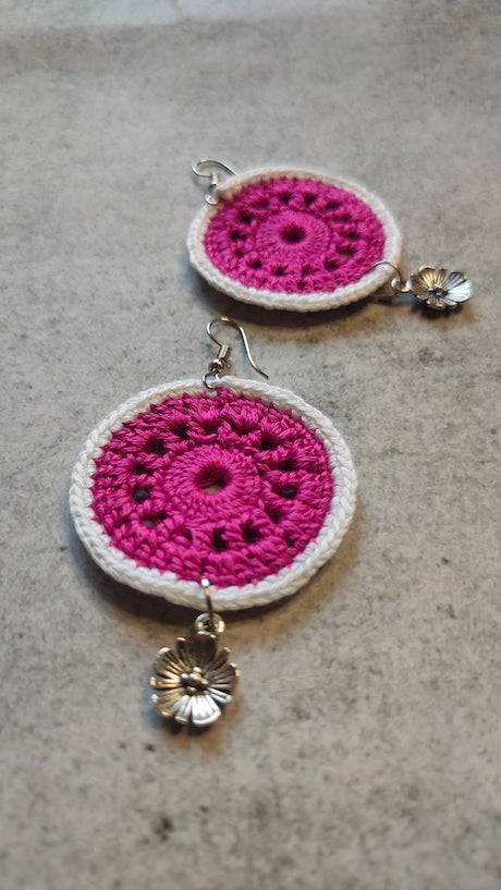 Pink and White Knitted Crochet Earrings