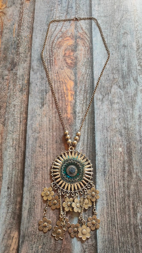 Chakra and Flower Motifs Long Chain Necklace