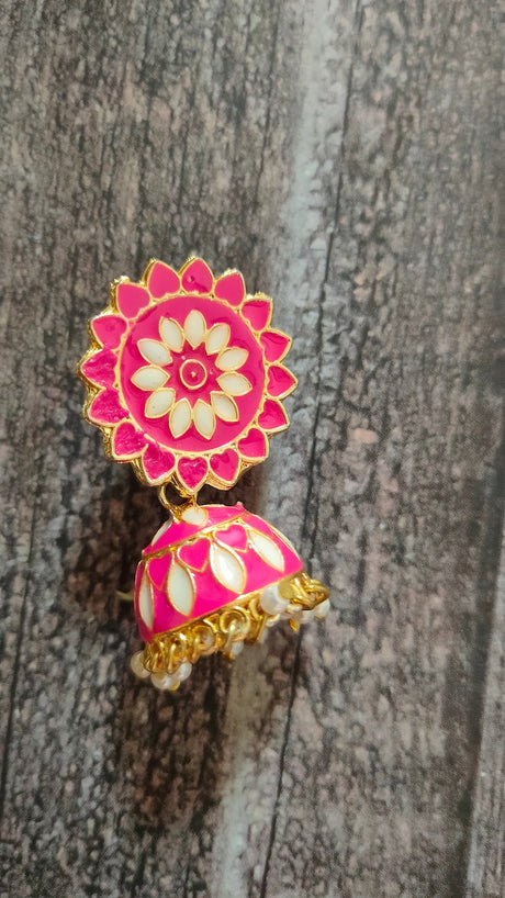 Baby Pink and Off-White Rhinestones Embedded Meenakari Dangler Jhumka Earrings