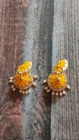 Vibrant Yellow and Off-White Rhinestones Embedded Meenakari Dangler Jhumka Earrings