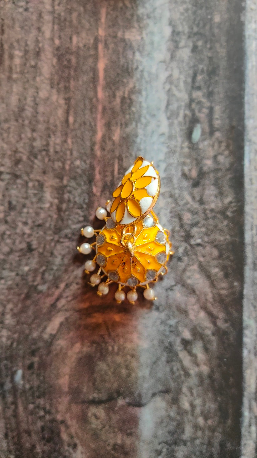 Vibrant Yellow and Off-White Rhinestones Embedded Meenakari Dangler Jhumka Earrings