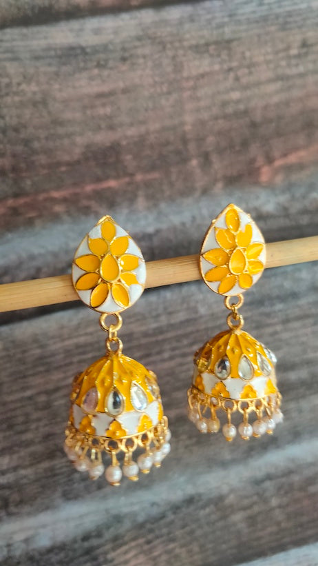 Vibrant Yellow and Off-White Rhinestones Embedded Meenakari Dangler Jhumka Earrings