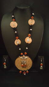 Jute, Fabric Beads and Rudraksha Durga Motif Necklace Set