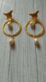 Circular Brass Dangler Earrings with Pearl Beads