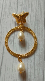 Circular Brass Dangler Earrings with Pearl Beads