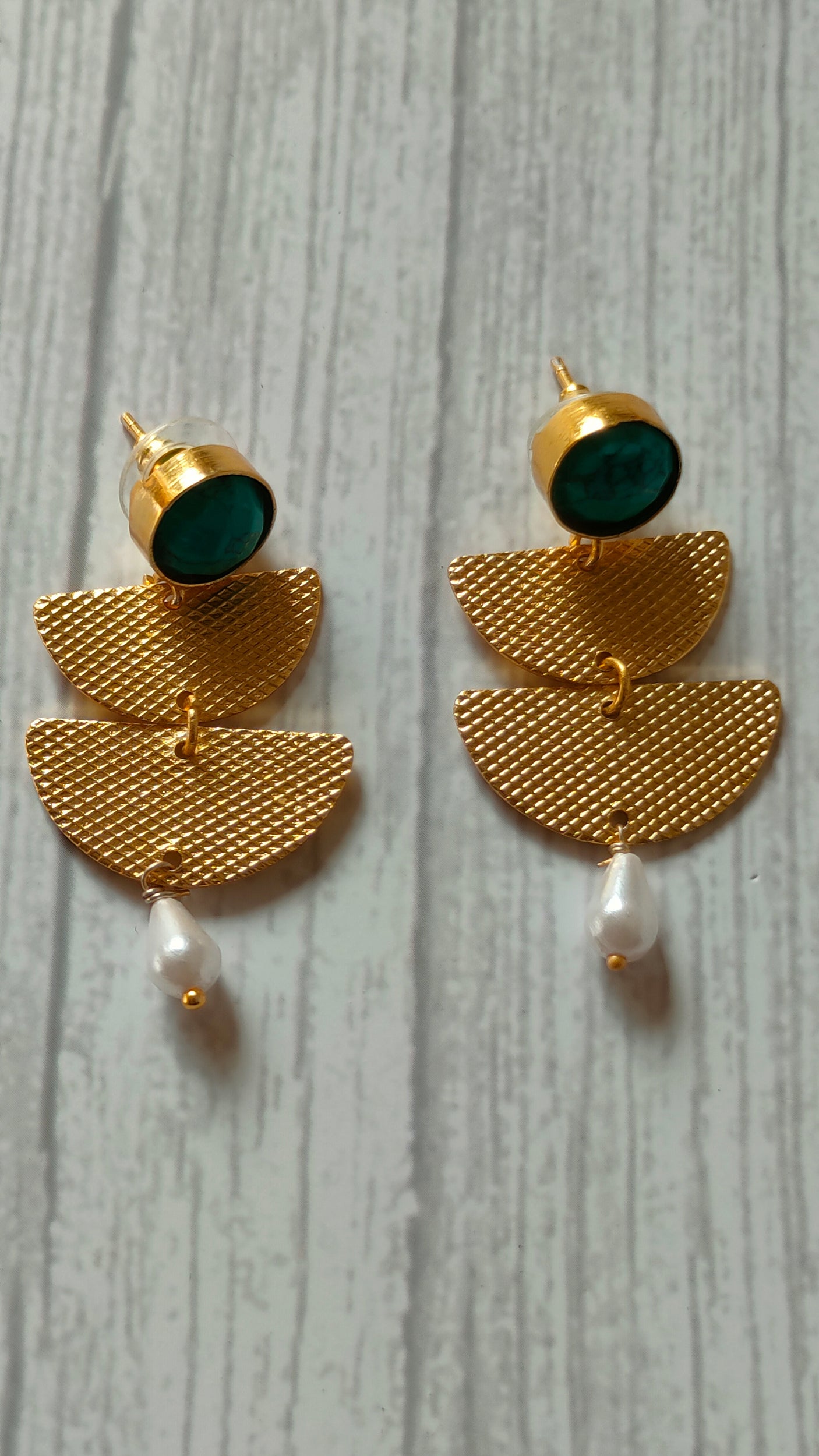 2 Layer Brass Earrings with Turquoise Stone and Pearl Beads