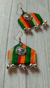 Handcrafted Multicolor Religious Motif Fabric Earrings with Ghungroo Enhancements