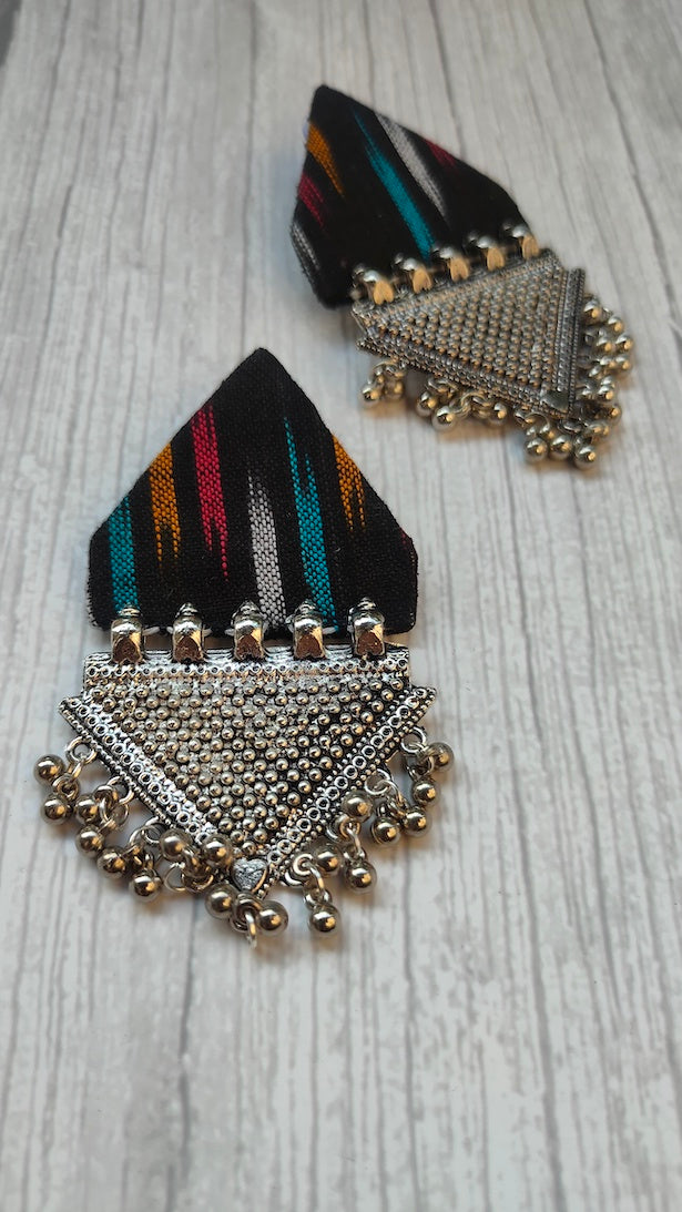 Black Ikat Fabric Earrings with Metal Detailing