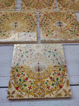 Wooden Coasters and Case with Ethnic Enamel Painted Flower Motifs (Set of 6)