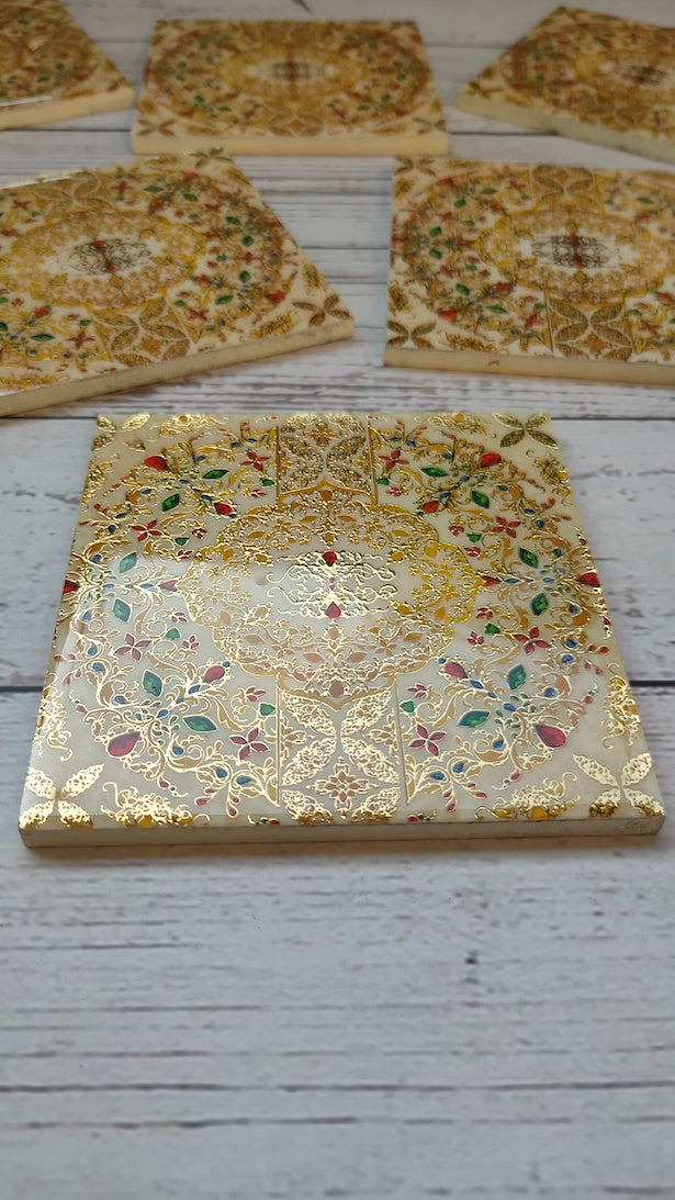 Wooden Coasters and Case with Ethnic Enamel Painted Flower Motifs (Set of 6)