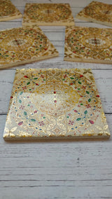 Wooden Coasters and Case with Ethnic Enamel Painted Flower Motifs (Set of 6)