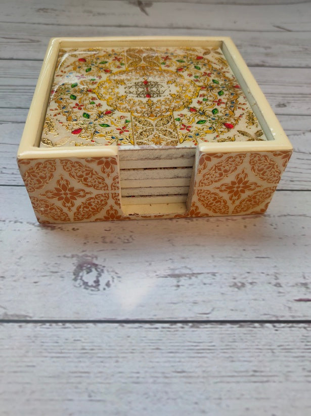 Wooden Coasters and Case with Ethnic Enamel Painted Flower Motifs (Set of 6)