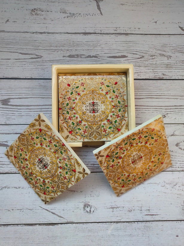 Wooden Coasters and Case with Ethnic Enamel Painted Flower Motifs (Set of 6)