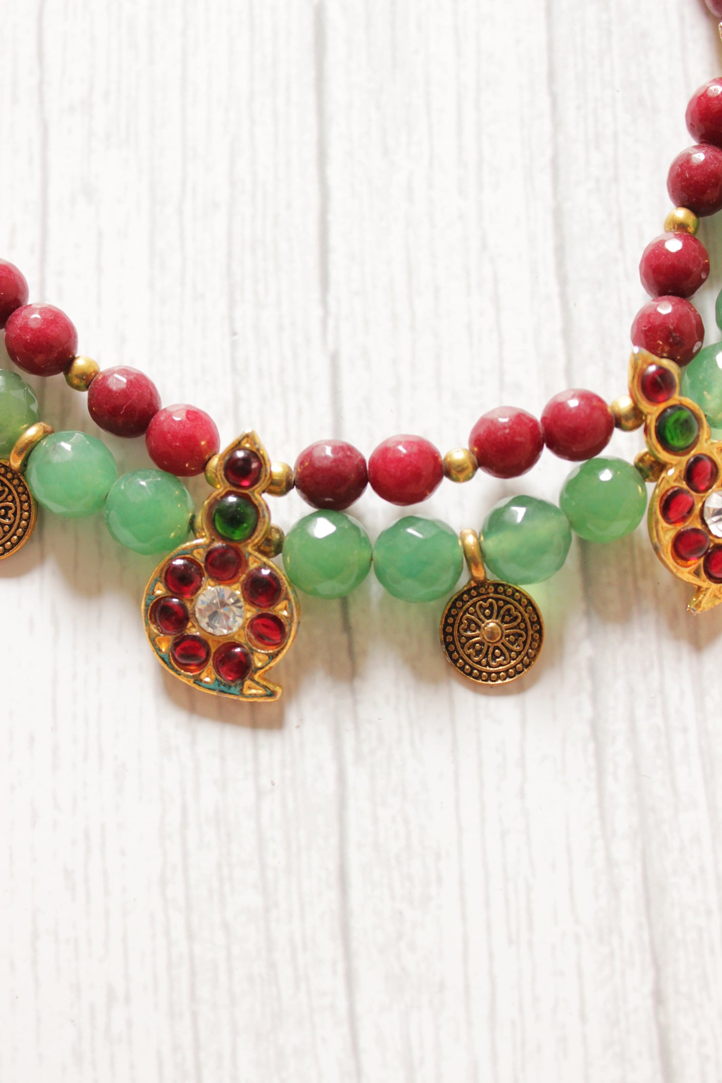 Red and Green Jade Beads with Antique Gold Finish Metal Charms Necklace Set