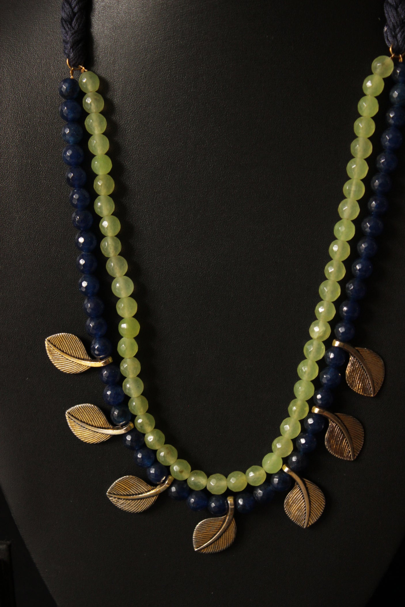 2 Layer Blue and Lemon Jade Beads Leaf Charms Necklace Set