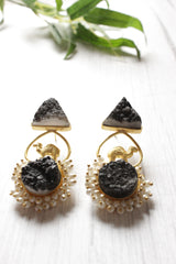 Black Natural Druzy Stone Embedded Brass Dangler Earrings