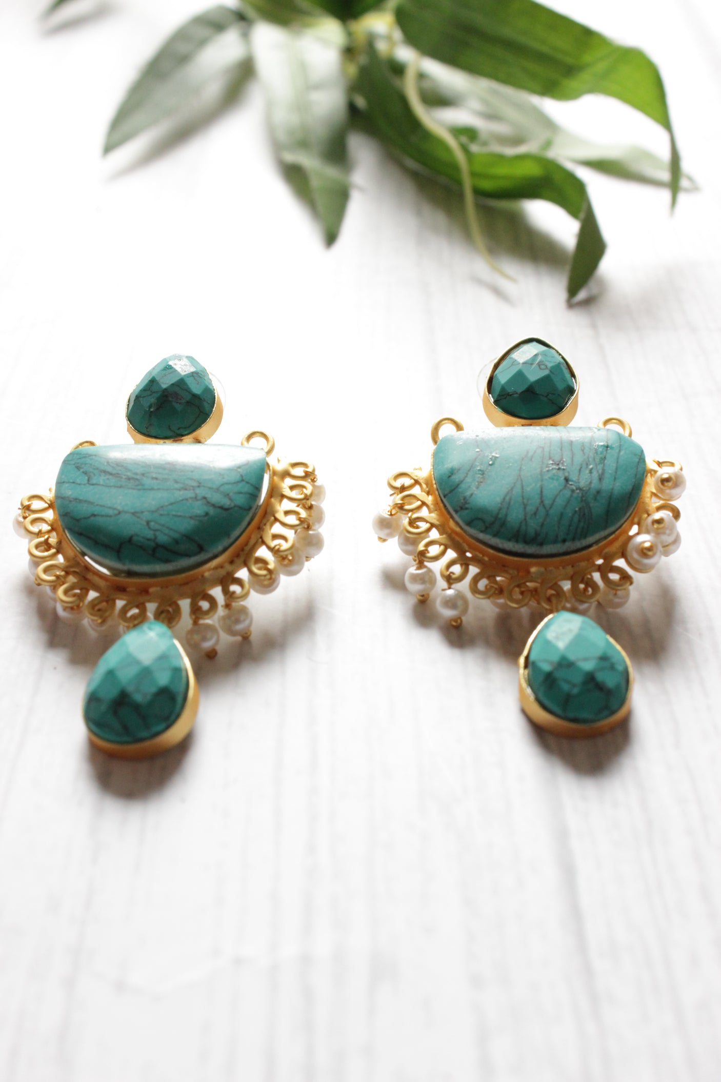 Turquoise Natural Stones Embedded Brass Dangler Earrings