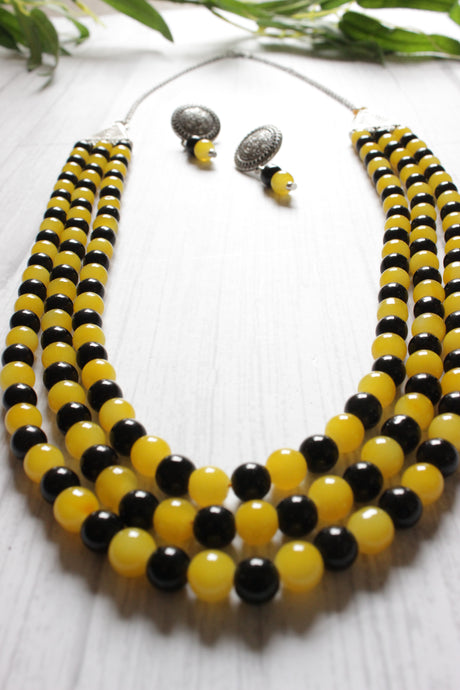 Black and Yellow Glass Beaded 3 Layer Necklace Set