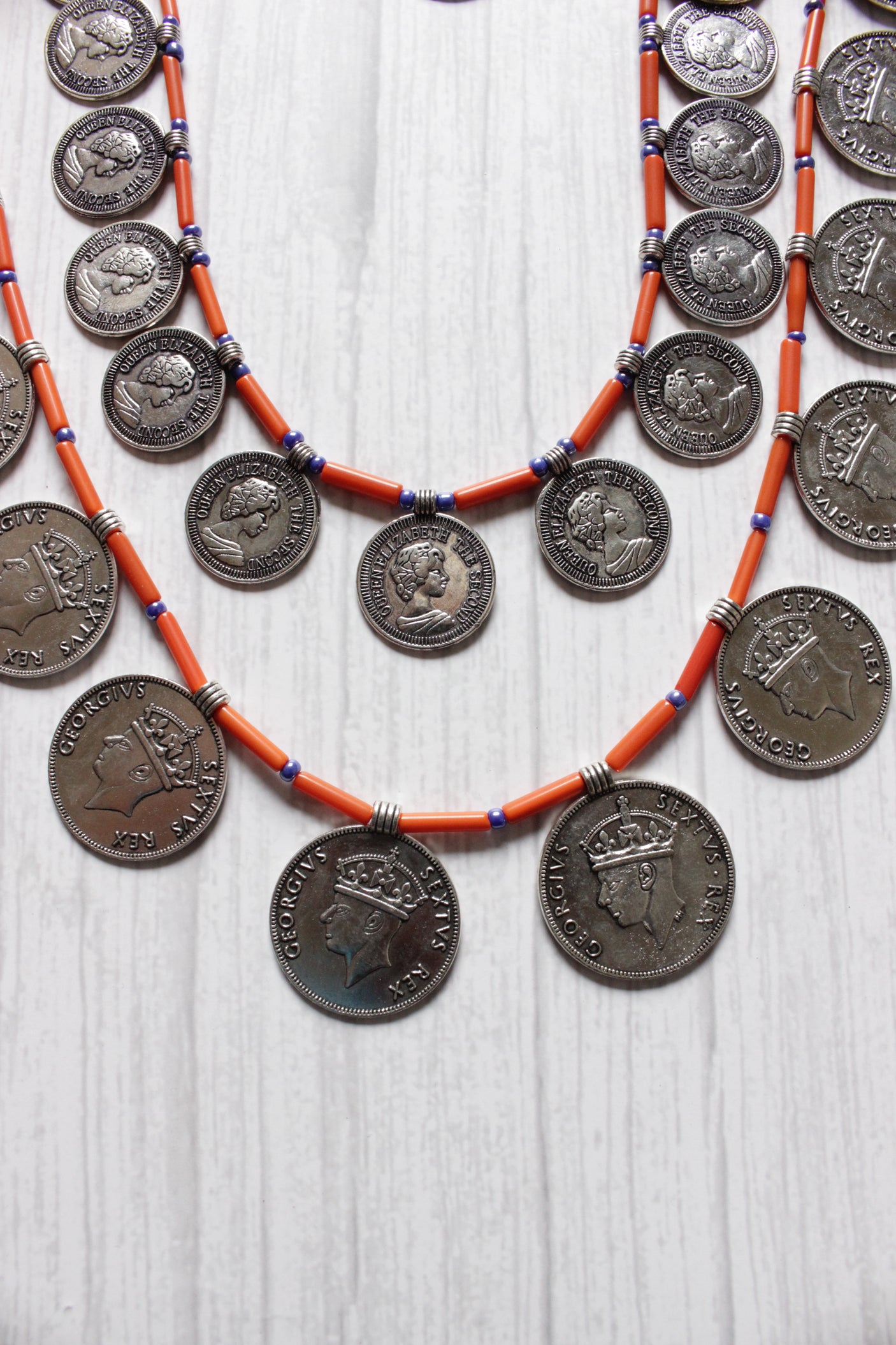 2 Layer Vintage Stamped Coins Necklace Set with Glass Beads