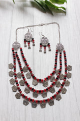 Afghani Glass Beads Stamped Coins Necklace Set with Black & Red Glass Beads