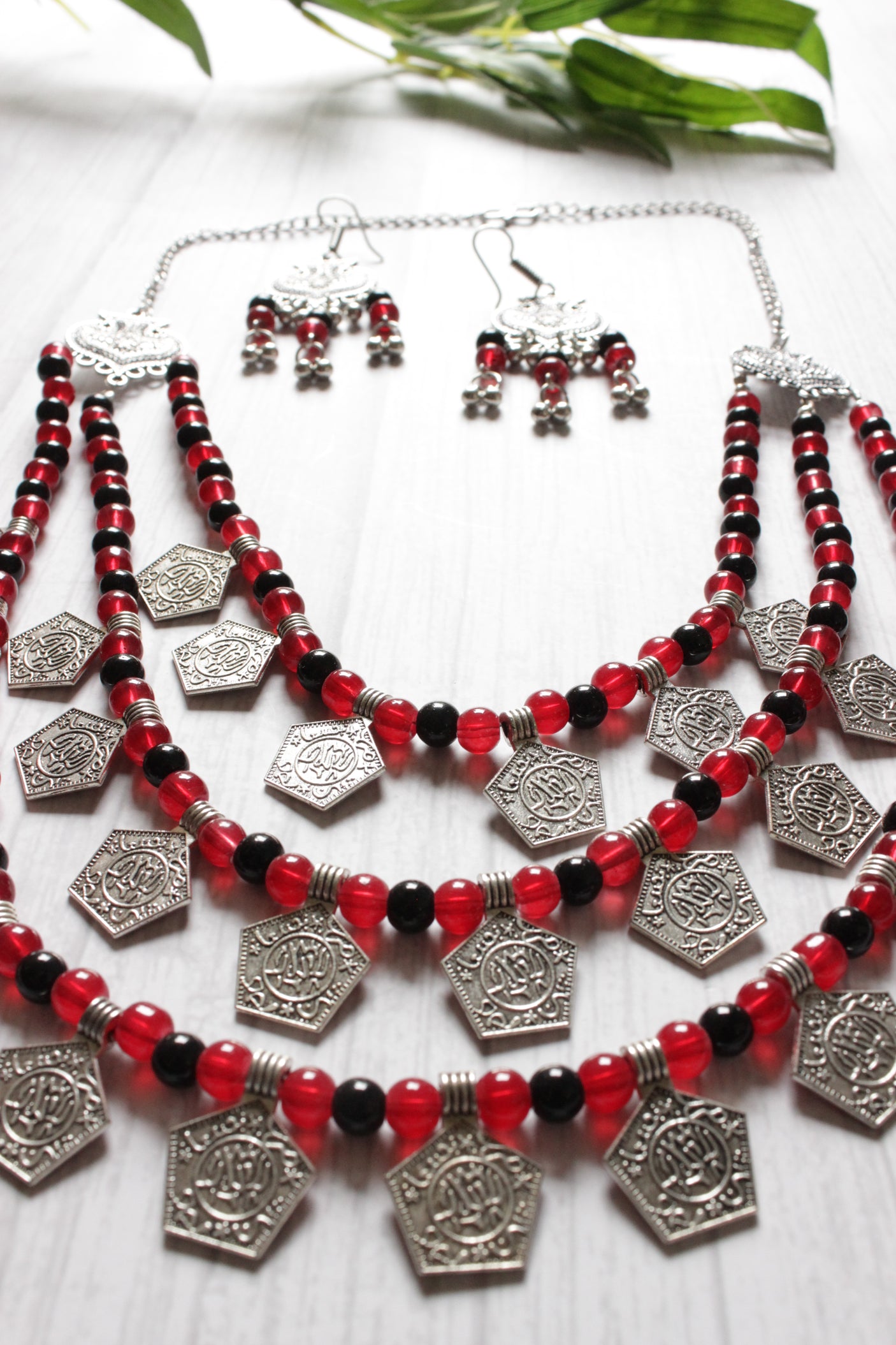 Afghani Glass Beads Stamped Coins Necklace Set with Black & Red Glass Beads