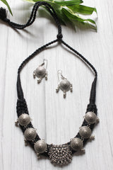 Black Thread Braided Metal Charms Embellished Choker Necklace Set