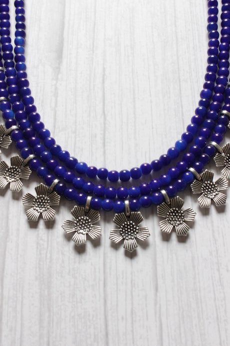 Royal Blue Glass Beads 3 Layer Necklace Set Embellished with Delicate Flower Motif Charms